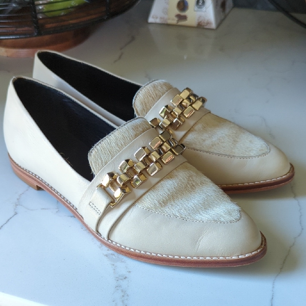 Ashley Cole Leather Cream Loafers with Gold Chain Ponyhair